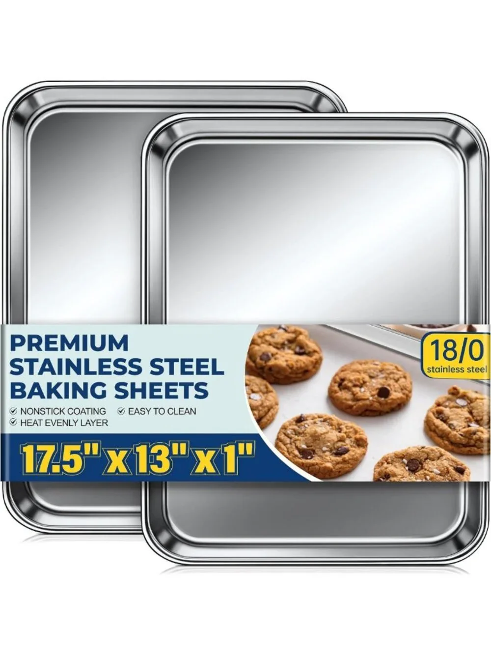 Stainless Steel Baking Sheet Pan Set of 2 - Nonstick, Heavy Duty, 18x13 Inch